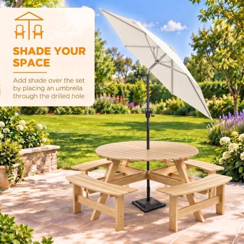 8 Person Wooden Picnic Table, Outdoor Round Picnic Table with 4 Built-in Benches, Umbrella Hole, Outside Table and Bench Set for Patio, Backyard, 500lbs Capacity Per Bench (Nature - 8 Person) - Image 4