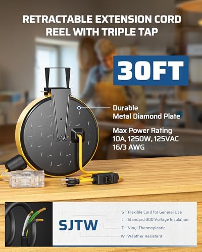 DEWENWILS Retractable Extension Cord Reel, Metal Reel with 30FT Power Cord - Image 2