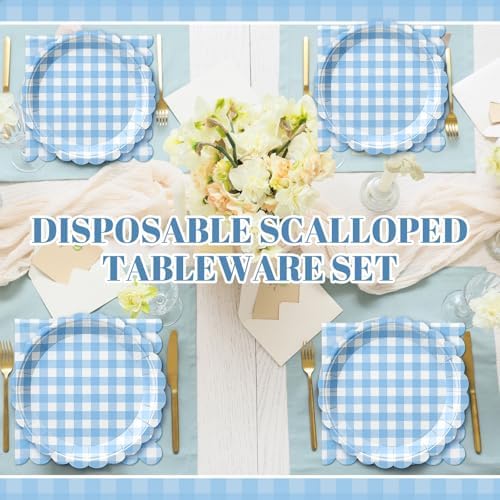 Roshtia 120 Pcs Blue Gingham Plates and Napkins Set, Boy Baby Shower - Image 5