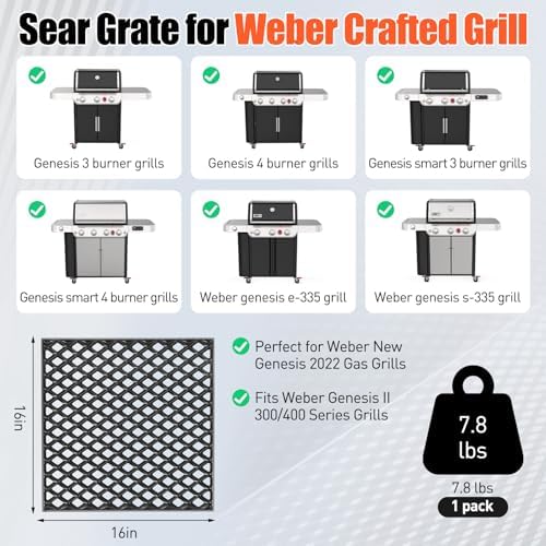 7670 Dual Sided Sear Grate for Weber Genesis 300 2022 SX-325S E-325S EX-325S, Genesis II 300/400 Series, Porcelain-Enameled Cast Iron Replacement Grate for Weber Crafted, Smokefire EX4/EX6 Grill - Image 2