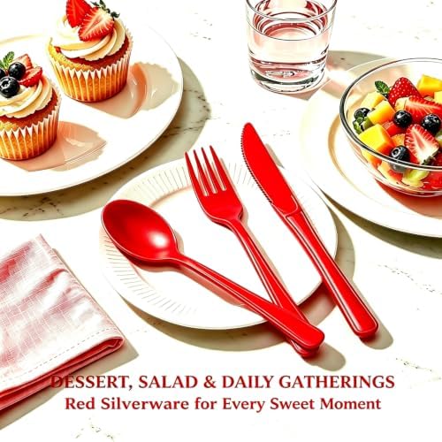 75 Pack Red Heavy Duty Plastic Silverware Set, Disposable Knives, Forks & Spoons, 25 Sets for Birthday, Baby Shower, Camping, Picnic & Party - Image 5