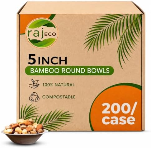 Raj Disposable Bamboo Bowls (200 Count, 5" Bowls) Strong Bowl Bamboo Party Bowl - Decorative Compostable Tableware for Lunch, Dinner, Birthday, Outdoor, BBQ, Picnic, Parties by Raj