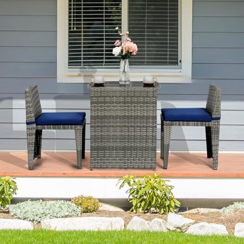 Bonnlo 3 PCS Wicker Outdoor Patio Bistro Set, Patio Furniture Set for Small Space with Glass Top Table Dining Chairs, Balcony Furniture Patio Table and Chairs Set of 2 for Garden Yard Porch (Grey) - Image 6