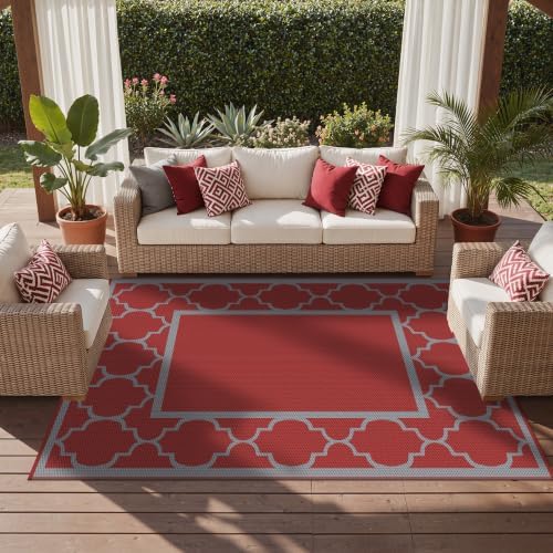GENIMO Outdoor Rug, Waterproof Plastic Rugs for Patio, 9'x12' Red Grey - Image 5