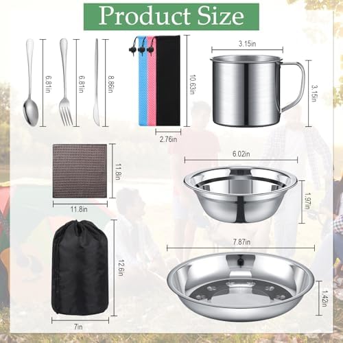 Lallisa Camping Mess Kit, Stainless Steel Plates Cups and Bowls Set - Image 2