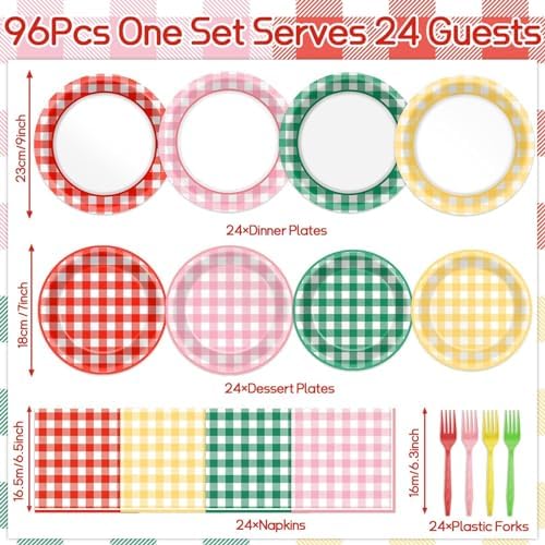 96 Pcs Camp Checkered Paper Plates and Napkins Plaid Checkered Bachelorette Party Supplies Glamping Birthday Tableware Set Spring Summer Plaid Camping Themed Party Favors Baby Bridal Shower - Image 2