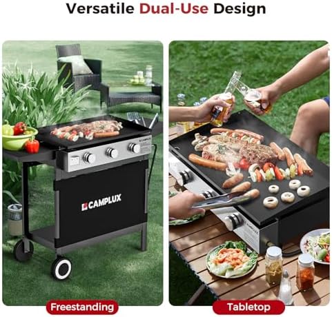 CAMPLUX Propane Griddle Flat Top, 3-Burner Gas Griddle with 3mm Thick Non-Deformable Plate & Ceramic Non-Stick Coating, 33,000 BTU Outdoor Cooking Station with Wheels and Side Shelves for Camping - Image 2