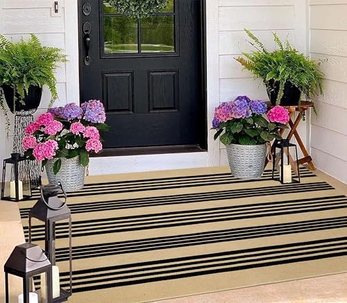 Outdoor Rug 3'x 5',Black and Tan Striped Area Rug Fall Front Porch Mat - Image 6