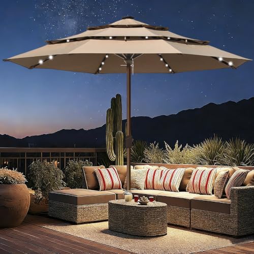 EliteShade USA 10-Year-Non-Fading 10ft 3-Tier Market Patio Umbrella, Commercial Table Umbrella with 80 Solar LED Lights, Crank Open, Windproof & UPF 50+ UV Protection for Garden, Deck, Pool, Backyard, No Tilt, Heather Beige - Image 3