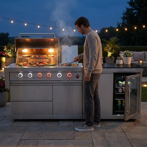 84" Outdoor Kitchen Island with 5-Burner 75,300 BTU Gas Grill,Rotisserie Oven,Mini Wine Fridge,Side Burner,Sink & Side Shelf.Included Natural Gas Converter,Movable BBQ Island for Patio & Backyard. - Image 6