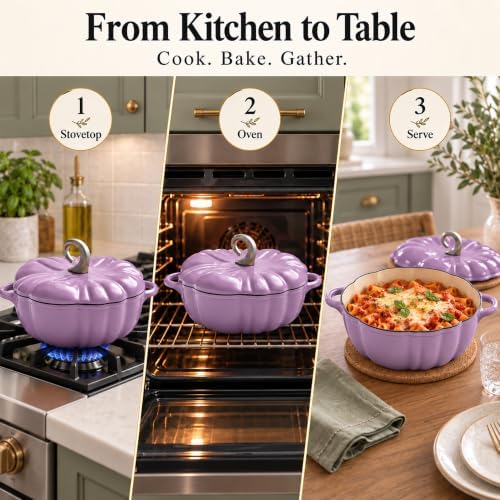 Pumpkin Cocotte Cast Iron Dutch Oven With Lid - Non-Stick Cooking Pot for Stew and Soup - Serves 3-5 - Halloween Thanksgiving Decor Gift (Purple) - Image 6