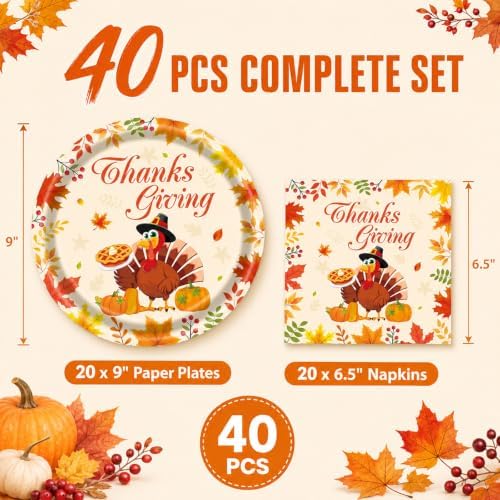 40Pcs Thanksgiving Paper Plates and Napkins Party Supplies, Disposable Fall Turkey Plates Napkins Dinnerware Set for Autumn Theme Friendsgiving Party Decorations - Image 2