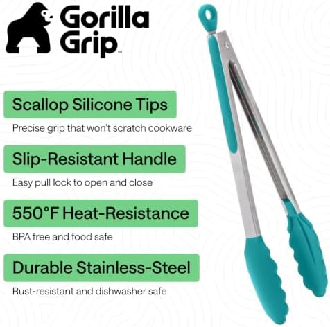 GORILLA GRIP Stainless Steel Kitchen Tongs for Cooking, 2 PK, Turquoise - Image 2