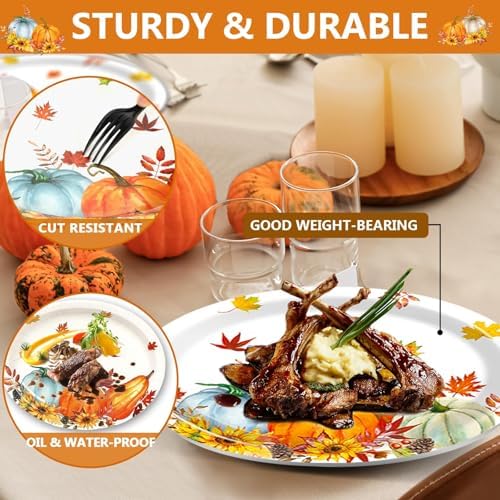 Qyeahkj 50PCS Fall Thanksgiving Oval Paper Plates Thanksgiving Heavy Duty Disposable Dinner Plates Fall Party Decorations Large 11'' Maple Leaves Pumpkin Party Supplies Autumn Tableware Set - Image 4