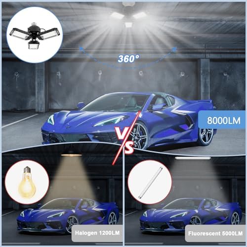 Aoretic LED Garage Lights 1 Pack -80W, 8000LM 6500K Led Shop Light with 3 Deformable Panels, Basement Barn Light Garages Ceiling Lights, E26/E27 for Garage, Warehouse, Shop, Basement - Image 4