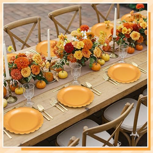 NatNarr 30 Pk Orange Plates 9" Scalloped Fall Thanksgiving Dessert Plates - Image 5