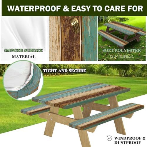 CAPSCEOLL Picnic Table Cover with Bench Covers 5ft - Blue Brown Wood - Image 3