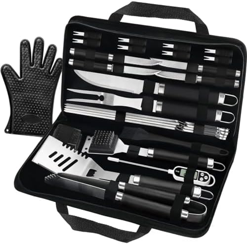 POLIGO 26 PCS BBQ Grill Accessories Stainless Steel BBQ Tools Grilling Tools Set with Storage Bag for Fathers Day Dads Birthday Presents - Camping Grill Utensils Set Ideal Grilling Gifts for Men Black by POLIGO