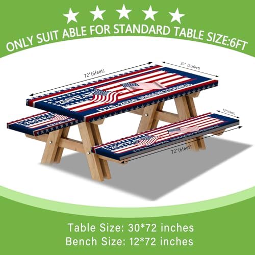 250th Anniversary America Flag Picnic Table Cover with Bench Covers Camping Essentials 250 USA Flag 1776-2026 Waterproof Fitted Camping Tablecloth Cover with Elastic Edge for Outdoor 3 PCS 30x72 Inch - Image 3