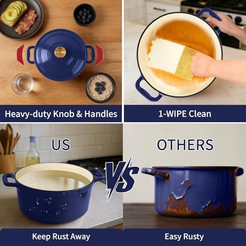 Enameled Cast Iron Dutch Oven with Lid&Silicone Grip, Round Casserole Pot for Bread Baking, Braising, Roasting,Stews,Heavy-Duty Baking Pan,Oven Safe, Induction Compatible (4.7QT,Indigo) - Image 4