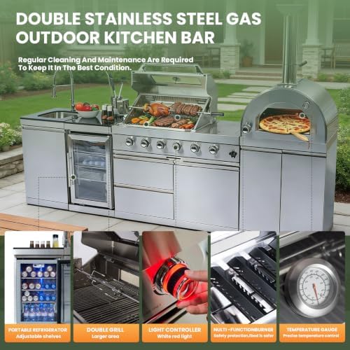 112" Outdoor Kitchen Island,Stainless Steel Natural Gas BBQ Grill with Pizza Oven, Rotisserie, Refrigerator, Standalone Side Burner,Granite Countertop, Storage Cabinets & Drawers 108000 BTU. - Image 5
