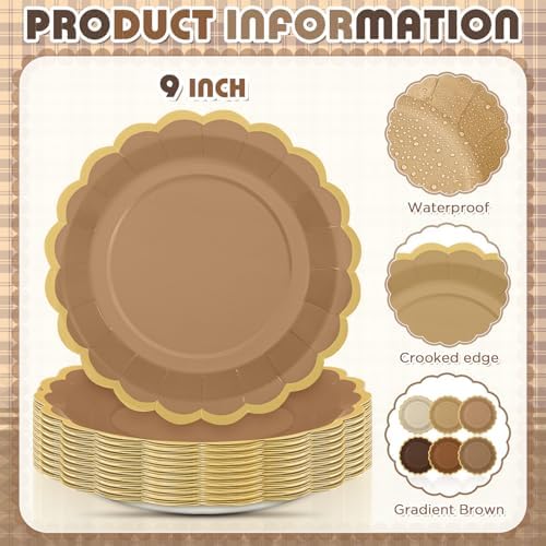48 Pcs Brown Paper Plates 9 Inch Scalloped - Image 3