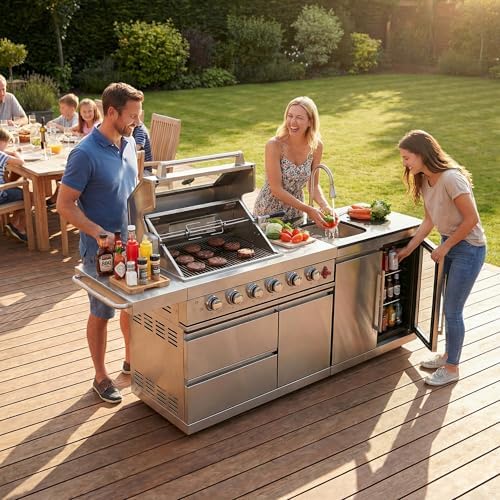 84" Outdoor Kitchen Island with 6-Burner Propane/Natural Gas Grill, Deluxe SS304 Stainless Steel BBQ Grill Station with Sink, Beverage Refrigerator, Granite Countertop & Rotisserie Kit, 75,300 BTU - Image 2