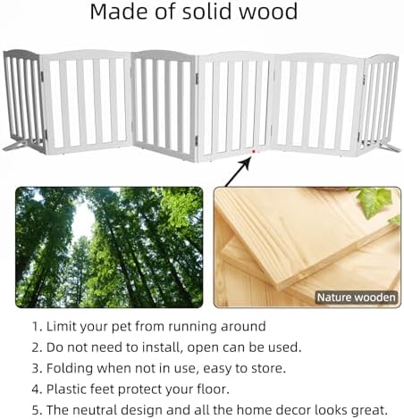 Freestanding Dog Gate Indoor,Doggie Gate Foldable Dog Gates for Doorways,Stairs or Hallways, Wooden White Pet Gate for the House, Pet Fence with Support Feet Included,24 "Height-6 Panels - Image 6