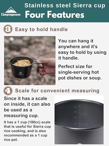 CAMPINGMOON 600ml Stainless Steel Camping Mug with Lid, 20oz Stackable Outdoor Cookware Measuring Scale, Titanium Oxide Film Black Finish Backpacking Campfire Use Soup Noodles Rice (Black (cup+lid)) - Image 4
