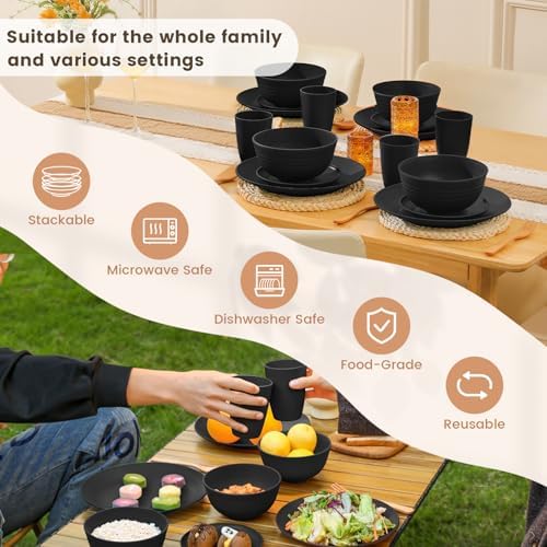 Homienly 16-Piece Wheat Straw Dinnerware Sets, Reusable Unbreakable Plates and Bowls Sets,Cups,Service for 4, Premium Dishwasher and Microwave Safe Dish Sets for Kitchen,Outdoor - Black - Image 6