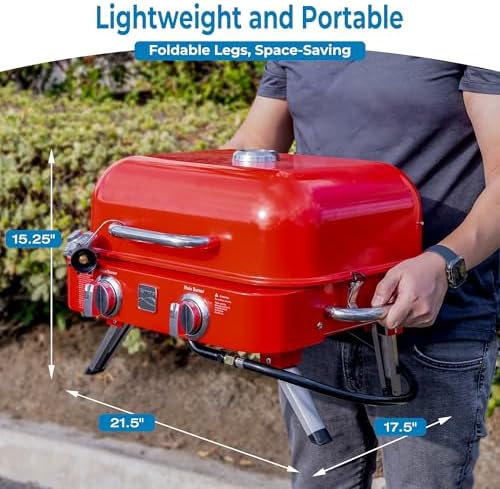 Kenmore Portable Propane Gas Grill - Tabletop BBQ Grill with Warming Rack, 2 Stainless Steel Burners with 14,000 BTUs, for Outdoor Kitchen, Camping, Red - Image 3