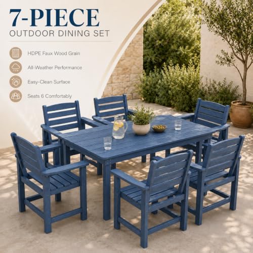 7 Pcs Outdoor Patio Dining Set, HDPE Table & Chairs with Umbrella Hole - Image 5