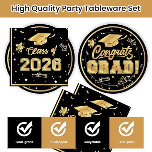 40Pcs Graduation Plates and Napkins 2026 Party Supplies, Class Of 2026 Disposable Black Gold Tableware Set for Congrats Grad Party Decorations (Graduation) - Image 3