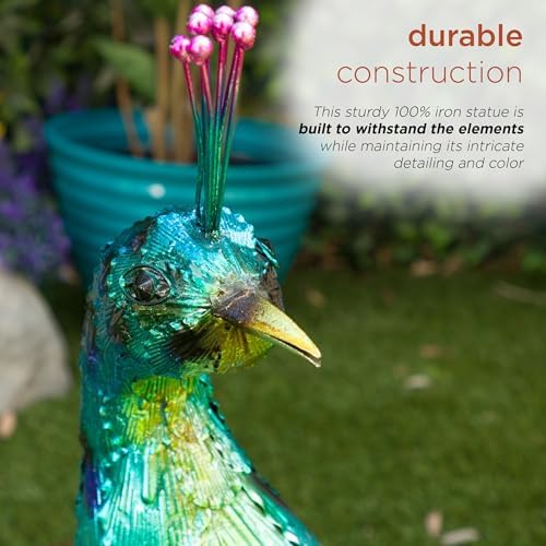 Alpine Corporation HEH378 Metal Jumbo Sized Majestic Peacock Decor, Elegant Garden & Patio Bird Statue, 33" H, Blue - Image 6