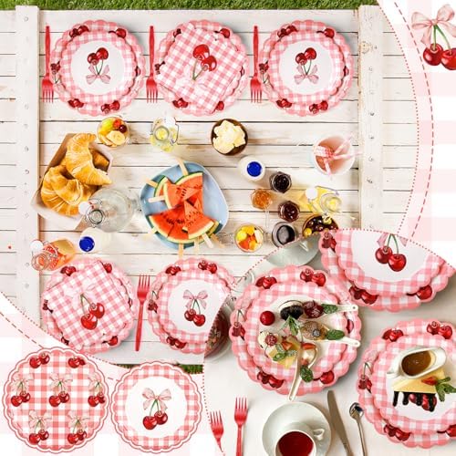 Havawish 120 Pcs Bow Cherry Party Tableware Bow Cherry Plates - Image 4