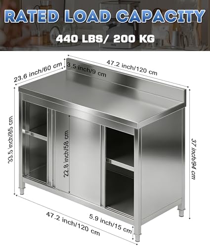 47" Stainless Steel Kitchen Worktable with Cabinet, 440 LBS Heavy Duty Commercial Prep Table with Sliding Doors & Adjustable Feet, Backsplash, for Restaurant, Home, Garage, Outdoor BBQ - Image 2