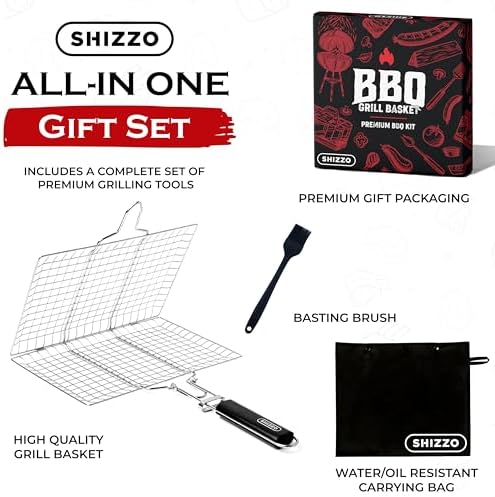 SHIZZO Shallow Grill Basket Gift Set with Basting Brush, Gift Box - Image 2