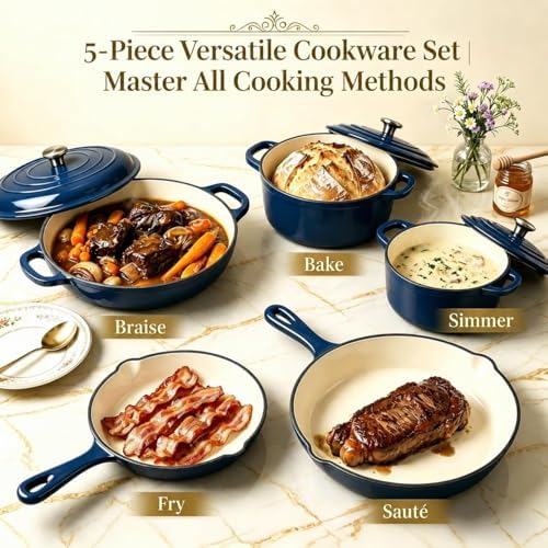 QuliMetal 5-Piece Navy Blue Enameled Cast Iron Cookware Set - Image 3