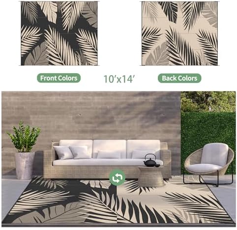 GENIMO Outdoor Rug, Waterproof Plastic Rugs 10'x14' for Camping Black Beige - Image 2