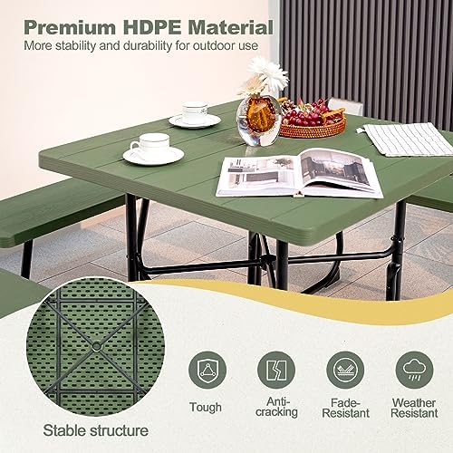 Tangkula 8 Person Square Picnic Table with 4 Built-in Benches, Green - Image 4