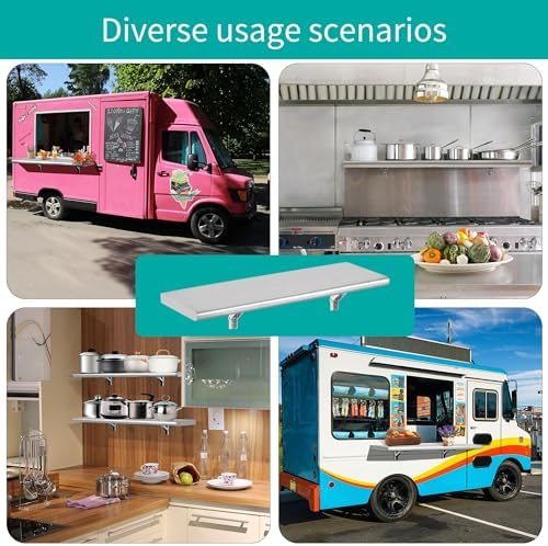 Concession Shelf 60"L x 14"W，22 gauge ASTM 304 Stainless Steel Folding Serving Food Shelf ，Wall Mount Shelving , Stainless Steel Shelf For Food Truck, grill area,BBQ working table, Restaurant .NSF - Image 5