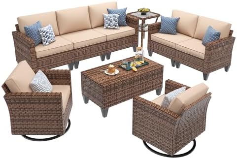 UDPATIO Patio Furniture Set, 6 Pieces Outdoor Furniture Sets with Rocking Swivel Chairs, Wicker Rattan Outdoor Conversation Set with Storage Table and Waterproof Covers for Backyard Deck Porch, Khaki - Image 2