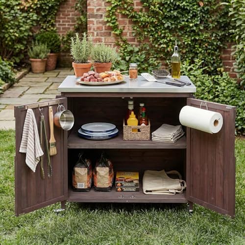 42.1" Outdoor Kitchen Island with Side Shelf and Stainless Top, Dark Brown - Image 3