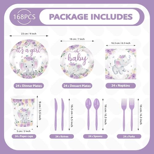 168Pcs Purple Elephant Baby Shower Party Decorations, Serves 24 - Image 2