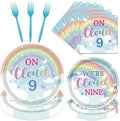 Rakuto on Cloud 9 Birthday Decorations for Girls, 96PCS Cloud 9 Year Old Girl Bday Disposable Paper Plates and Napkins Party Decorations, We Cloud Nine Forks Tableware Decor Supplies Serves 24 Guest by Deorfuy