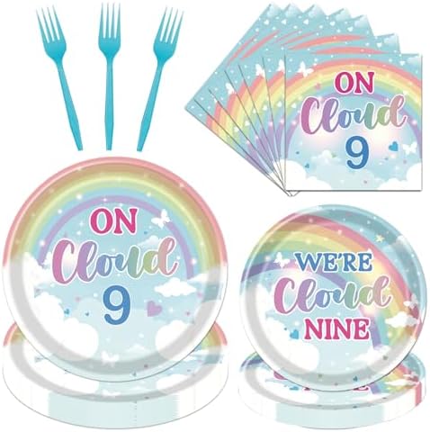 Rakuto on Cloud 9 Birthday Decorations for Girls, 96PCS Cloud 9 Year Old Girl Bday Disposable Paper Plates and Napkins Party Decorations, We Cloud Nine Forks Tableware Decor Supplies Serves 24 Guest by Deorfuy