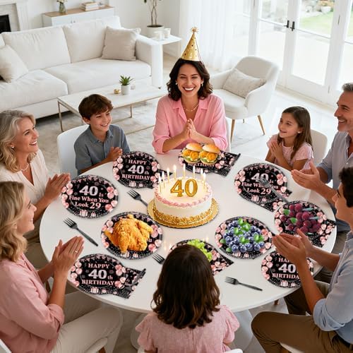 96PCS 40th Birthday Paper Plates and Napkins for 40 Is Fine When You Look 29 Themed Party Supplies Black Rose Gold Dinnerware Set for Women Cheers to Forty Birthday Gatherings Decorations - Image 5