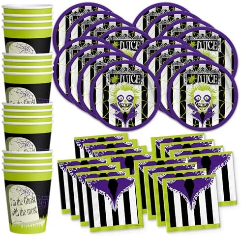 Beatlejuice Party Supplies - Ghost Birthday Supplies - Halloween - Tableware Set Includes Plates Napkins Cups - Kit for 16 by BirthdayGalore