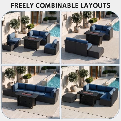 Shintenchi 6 Piece Outdoor Patio Furniture Set with 43 Inch Propane Fire Pit, Washable Cushions, Glass Coffee Table, Waterproof Cover & CSA Certified for Backyard Poolside, Black PE Rattan/Navy Blue - Image 3