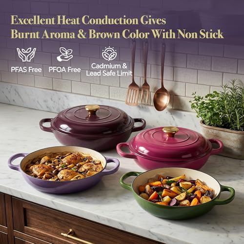 3 Quart Enameled Cast Iron Braiser, Non Stick Enameled Cast Iron Skillet with Lid, Dutch Oven Skillet with lid up to 500°F for Oven, Stove, Grill, Shallow Dutch Oven for Cook, Bake (Purple) - Image 2